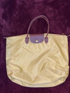 Longchamp Le Pliage Nylon Large Tote - Lemon-Lime with Brown Leather Flap